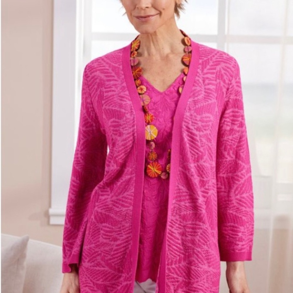 Soft Surroundings Kensley Cardigan Sweater in Purple Palms 
Size L (14/16)